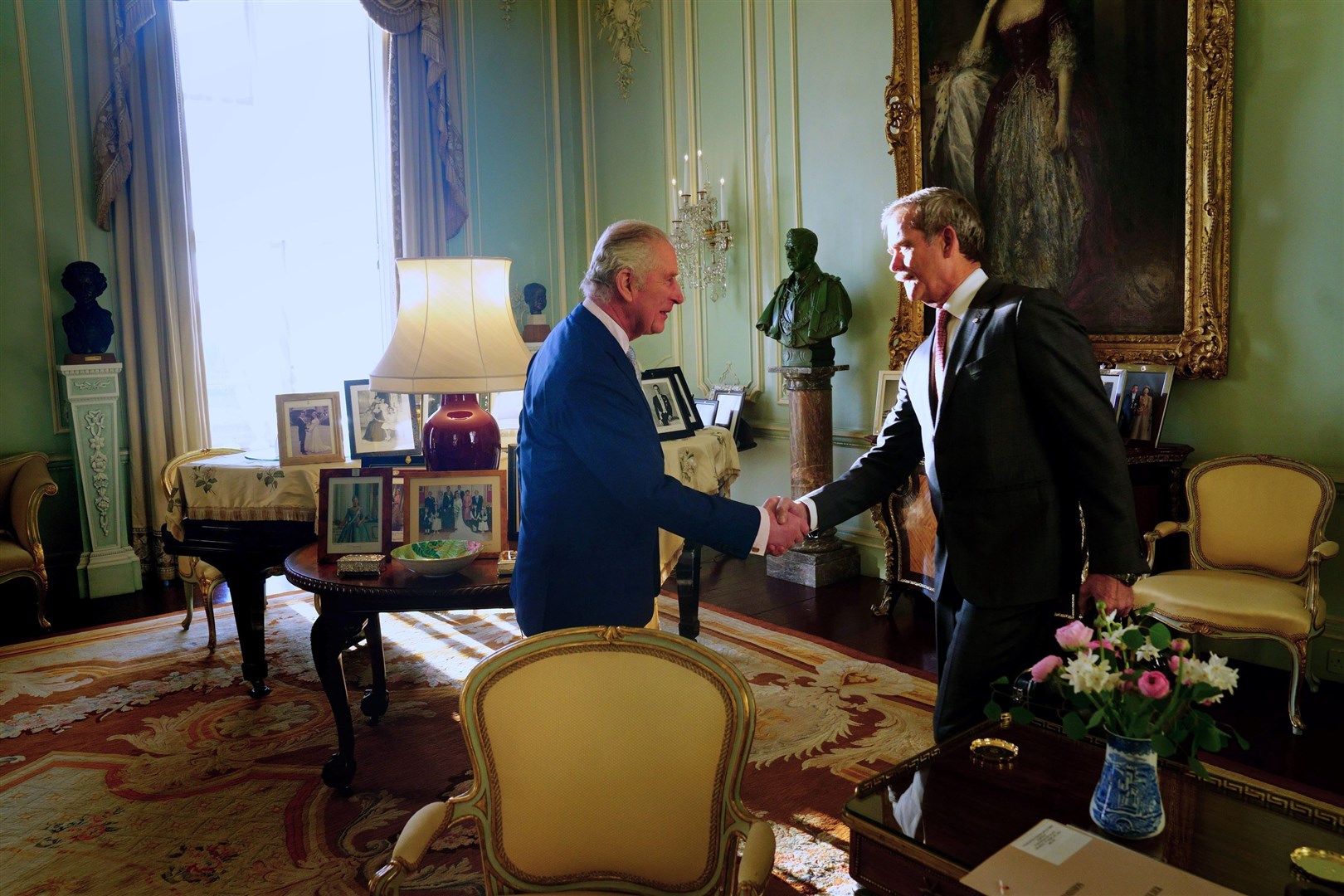 The King receives astronaut Chris Hadfield during an audience at Buckingham Palace (Victoria Jones/PA)