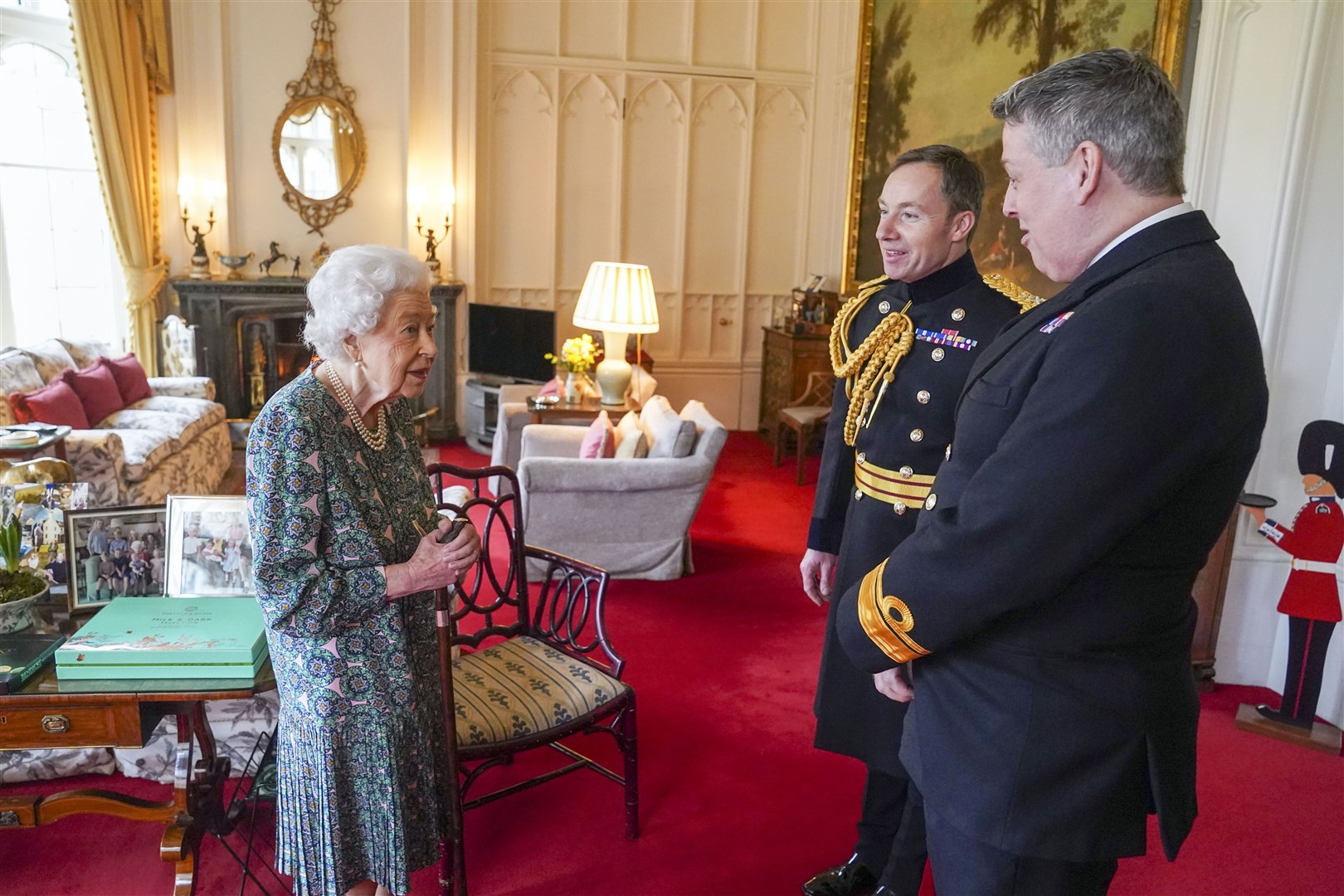 The Queen with Rear Admiral James Macleod and Major General Eldon Millar at an audience in February (Steve Parsons/PA)