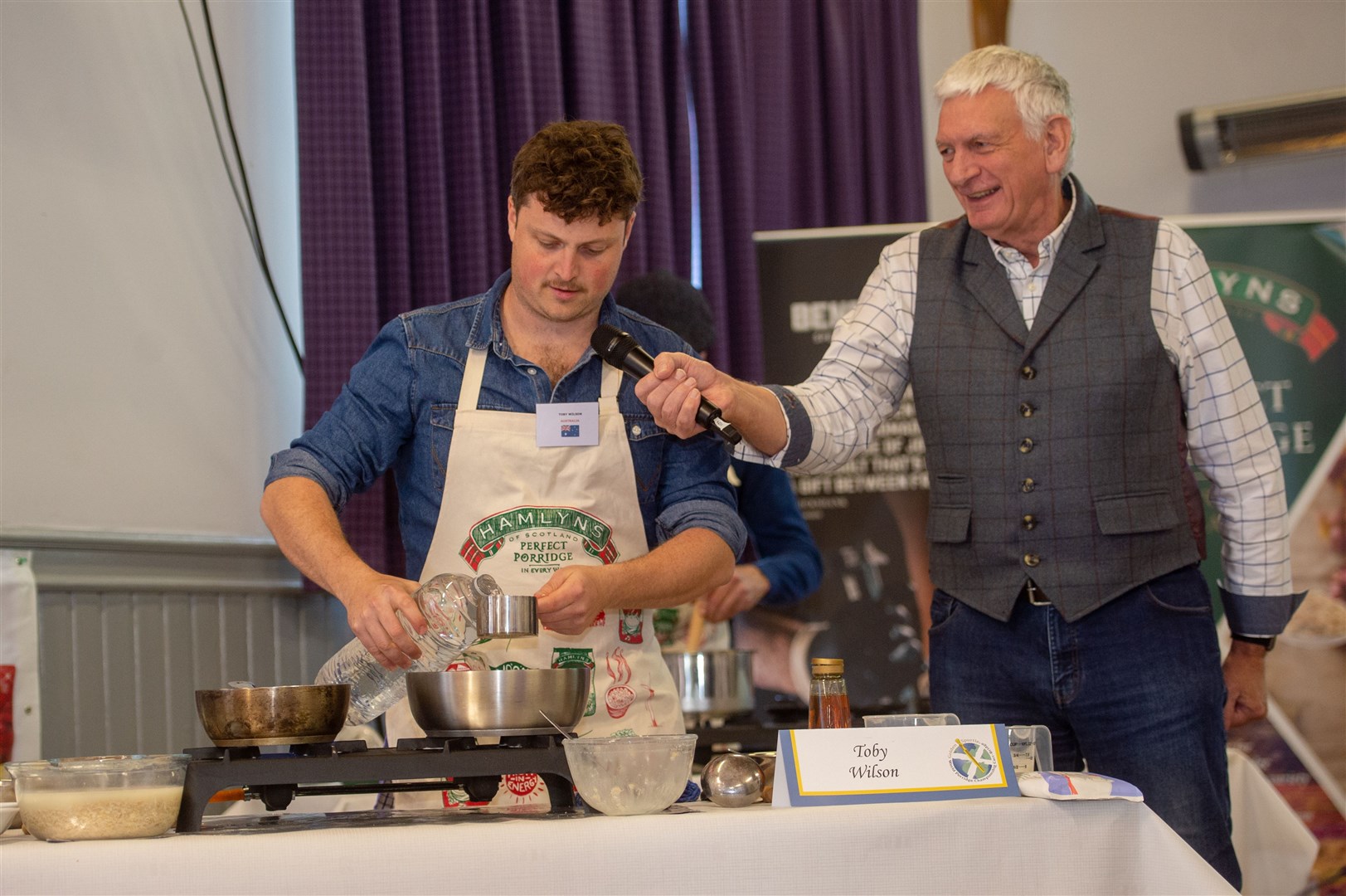 Competitor Toby Wilson travelled over from Australia. He is being interviewed by the event's compere Richard 'Farmer' Jones. Picture: Callum Mackay.