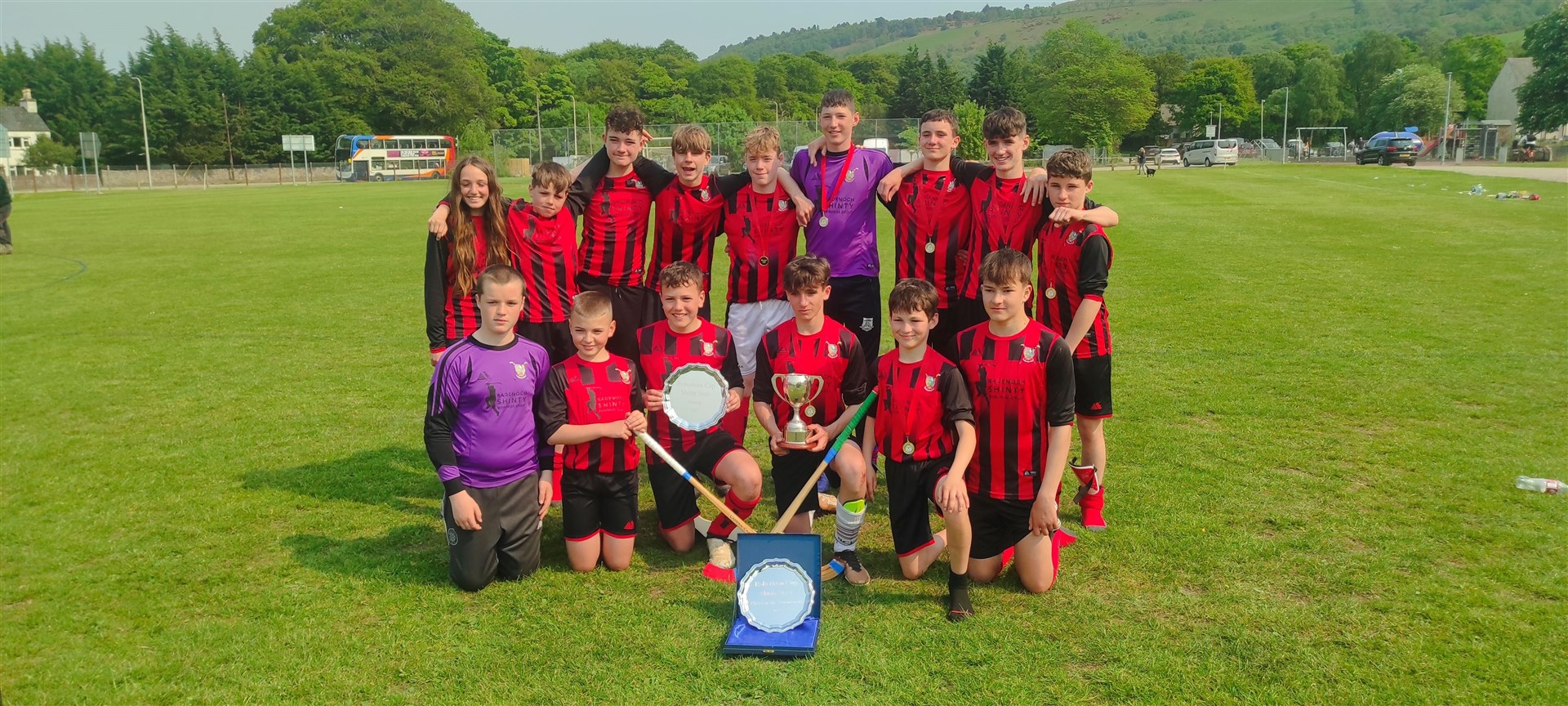 Members of the Kingussie High School A team who won the Robertson Cup Shinty Sixes.