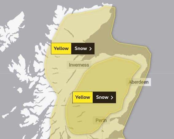 A wider yellow warning for snow across an even larger swathe of the Highlands comes into force at 6pm on Thursday, and will remain in place for the following 66 hours. Picture: Met Office.