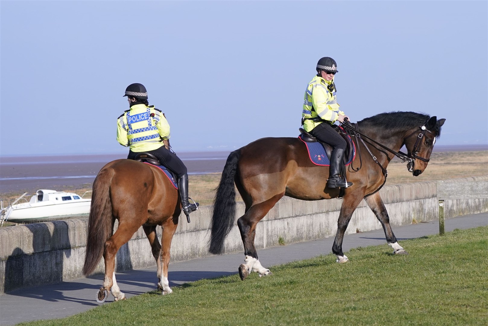 Mounted police in Knott End-on-Sea take part in the search for missing woman Nicola Bulley (Danny Lawson/PA)