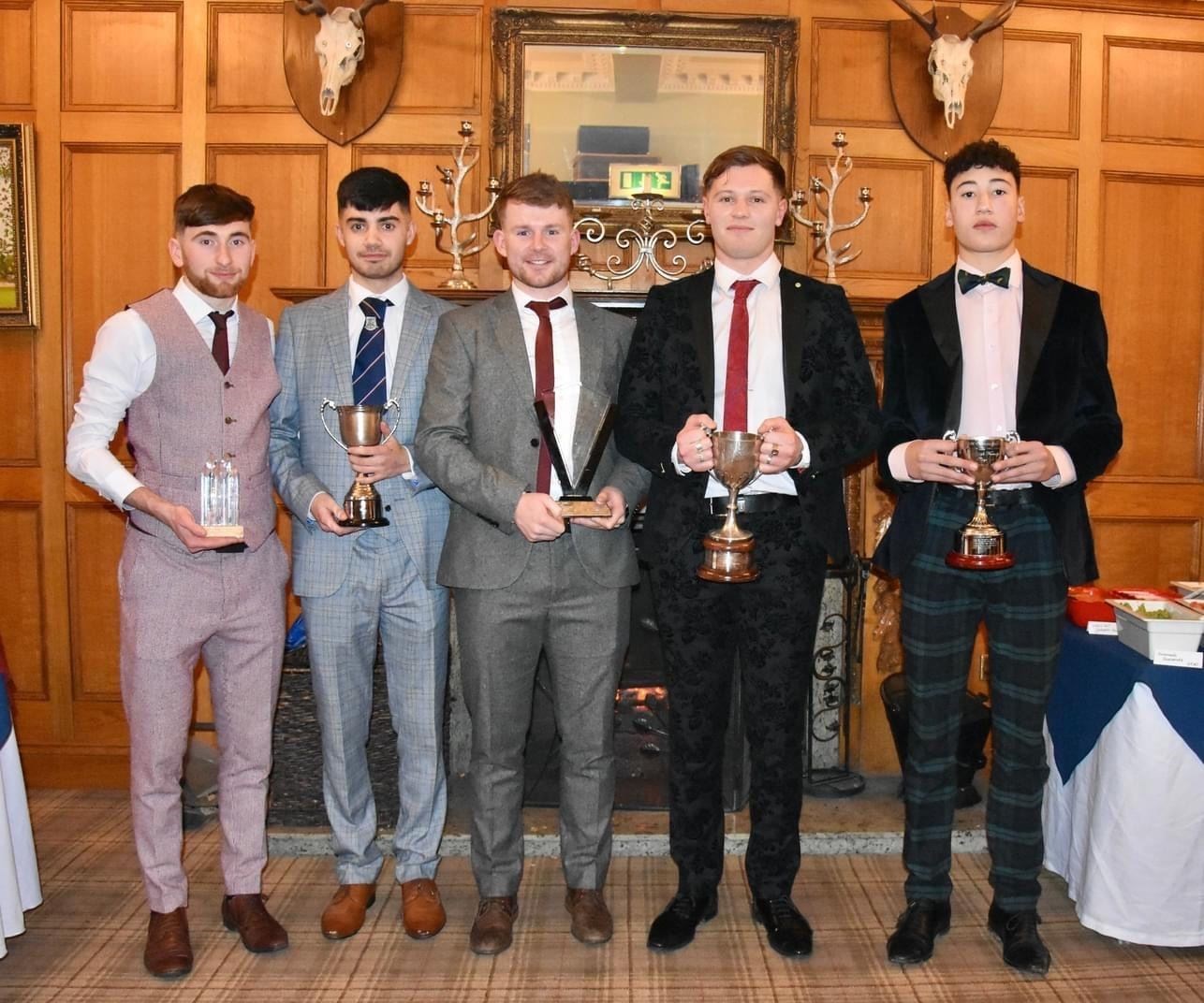Some of the award winners on the big night out for Kingussie Camanachd were Ruaridh Anderson, Jordan Reid, Rory Mackeachen, Roddy Young and Fergus Sherlock. Picture: Fiona Young.