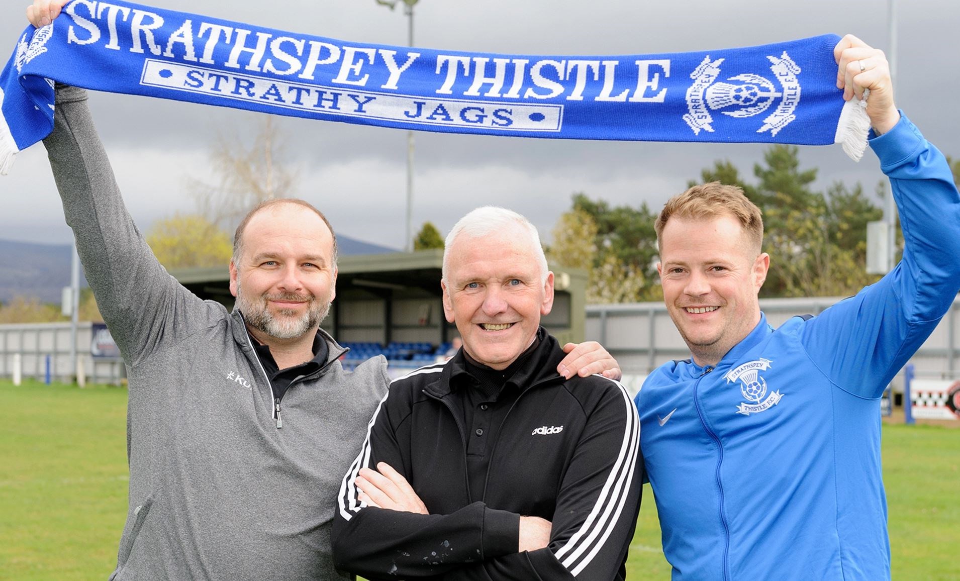 Strathspey Thistle boss Bobby Beckwith with the club’s director of football Fraser Tulloch (left) and Josh Horton (right) who has taken up the mantle of sporting director. Picture: Stewart Grant.