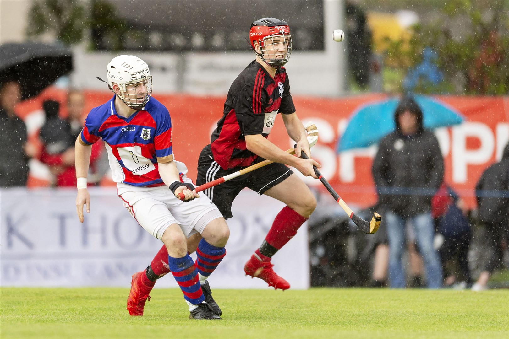 Kingussie had been looking to continue their winning ways after last weekend's Macaulay Cup win. Pictured from Saturday is Rory MacKeachan (Kingussie) with Daniel MacVicar (Oban) in the cup final.