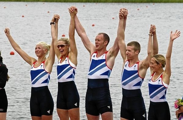 Dave and his rowing team mates soak up the applause at Eton Dorney after winning gold