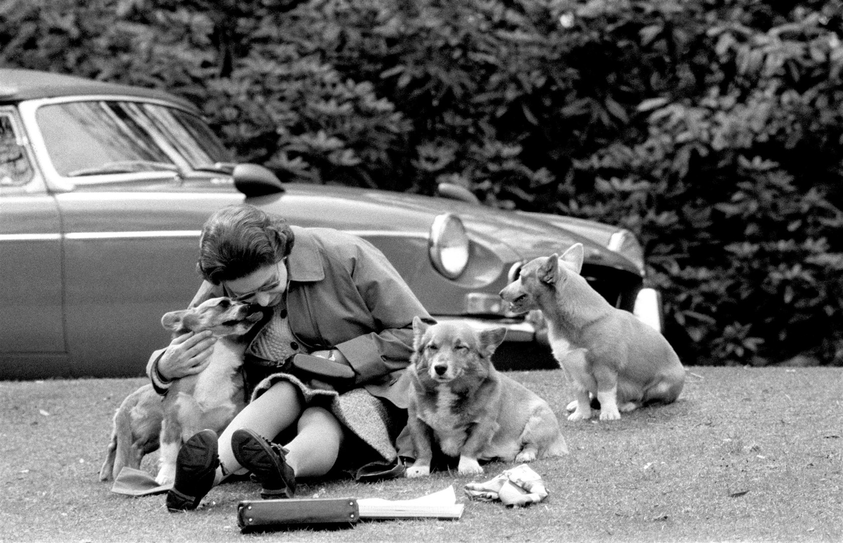 The Queen sitting on a grassy bank with the corgis as she watches competitors, including the Duke of Edinburgh, at the Royal Windsor Horse Show in 1973 (PA)
