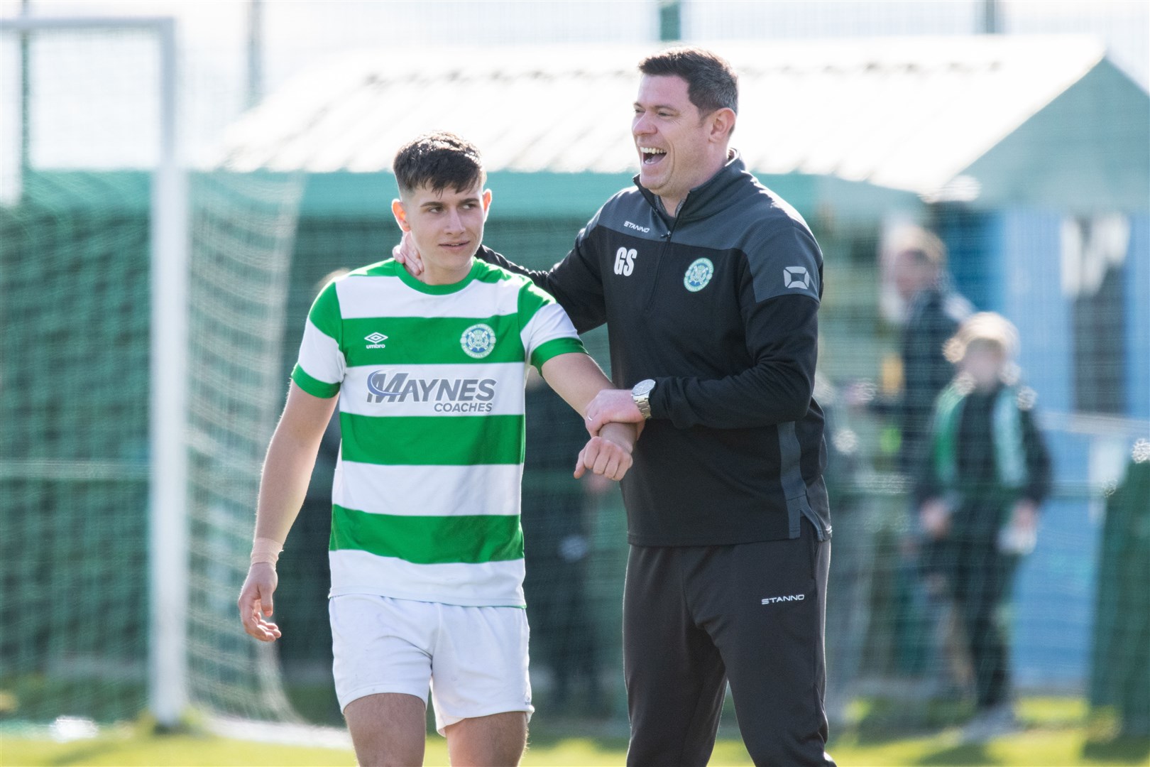 Buckie Thistle manager Graeme Stewart and player Max Barry share a laugh. Picture: Daniel Forsyth.