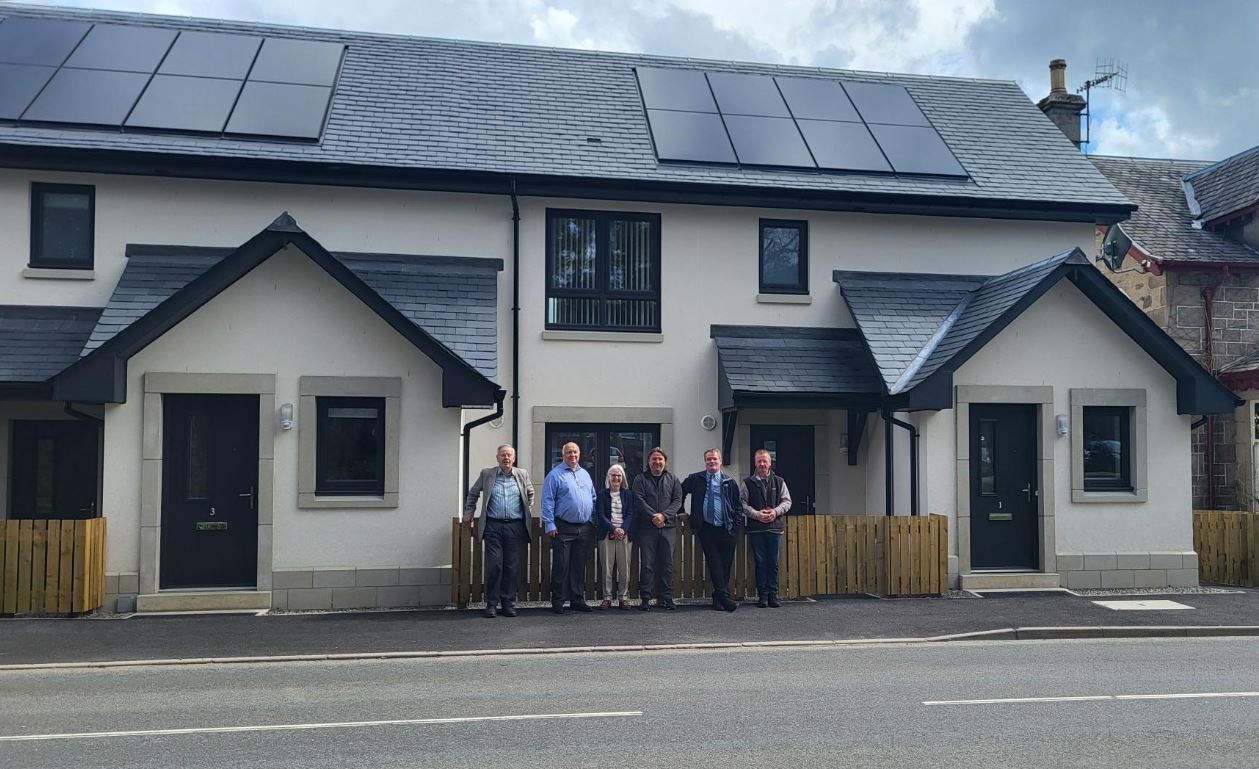 Badenoch and Strathspey Highland councillors John Bruce, Bill Lobban, Muriel Cockburn and Russell Jones with Peter Hunter, contracts manager Compass Building and Construction Services and site manager Robert Tewnion.