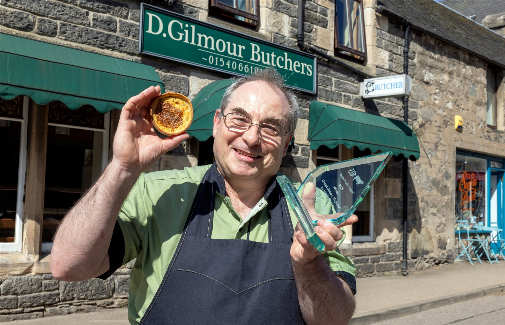 Donald Gilmore with his award winning Haggis Quiche at his butchers shop in Kingussie. (Perthshire Picture Agency)