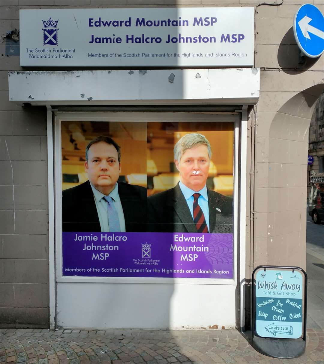 Edward Mountain image at office on Drummond Street has been deface with a moustache and TORY CUCK writen on it..Picture Gary Anthony.