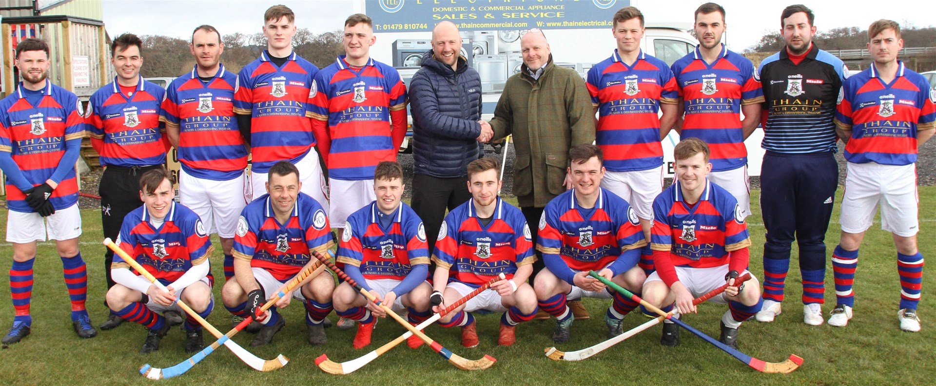 Kingussie start the new season with a slightly different look thanks to new first team sponsor – The Thain Group – coming on-board. Kevin Thain, one of the Red and Blue's greatest players, is pictured handing over the new strips to first team manager, John Gibson, with the squad of players looking on.