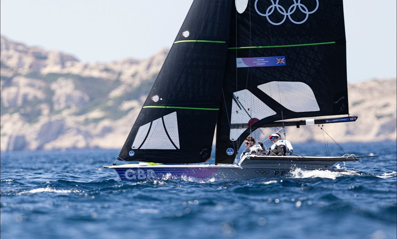 Fynn Sterritt and James Peters in action on day two of the competition yesterday. Today's racing canbe watched on Discovery+ and followed on the British Sailing social media channels. Picture: World Sailing.