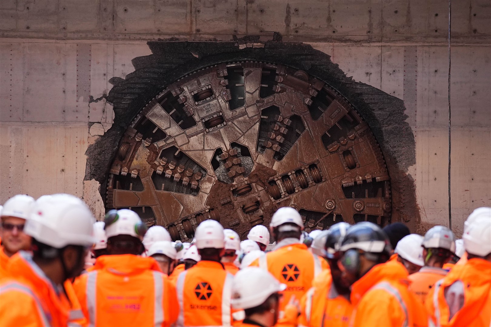 HS2 workers watch Mary Ann breaking through at Washwood Heath depot (Jacob King/PA)