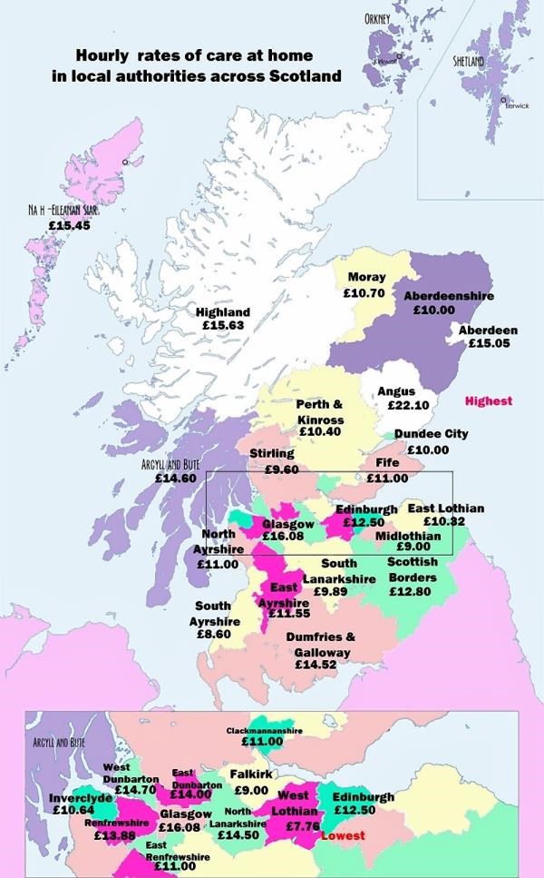 Local authority care at home charges across Scotland