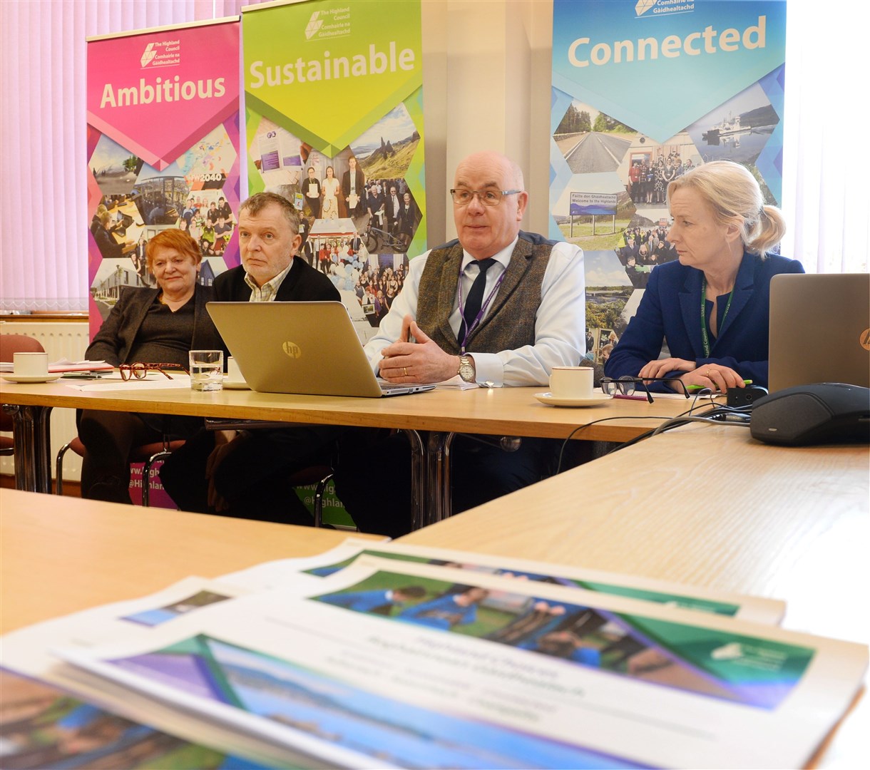 Councillor Margaret Davidson, Councillor Alasdair Christie, Councillor Alister MacKinnon and council Chief Executive Donna Manson.