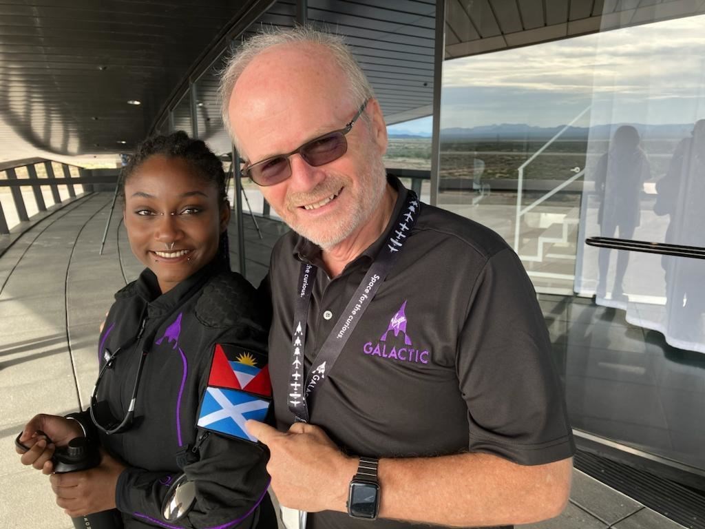 Virgin Galactic private passenger, Anastatia Mayers, meets Chief Pilot, Dave Mackay, ahead of the First Private Astronaut Mission ‘Galactic 02’