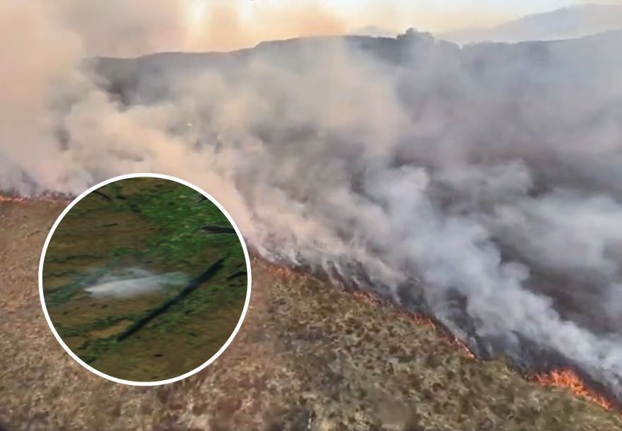 Footage from the RSPB's helicopter video of the wildfire and (inset) smoke from the fire visible from orbit, with Loch Ness visible off to the east.