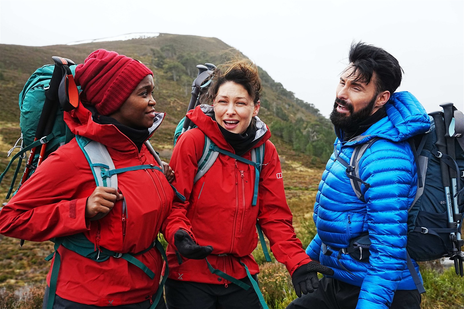 TV personalities Emma Willis, Oti Mabuse and Rylan Clarke in training for the 'Frozen' Red Nose Day Challenge. Photo by Hamish Frost/Comic Relief.