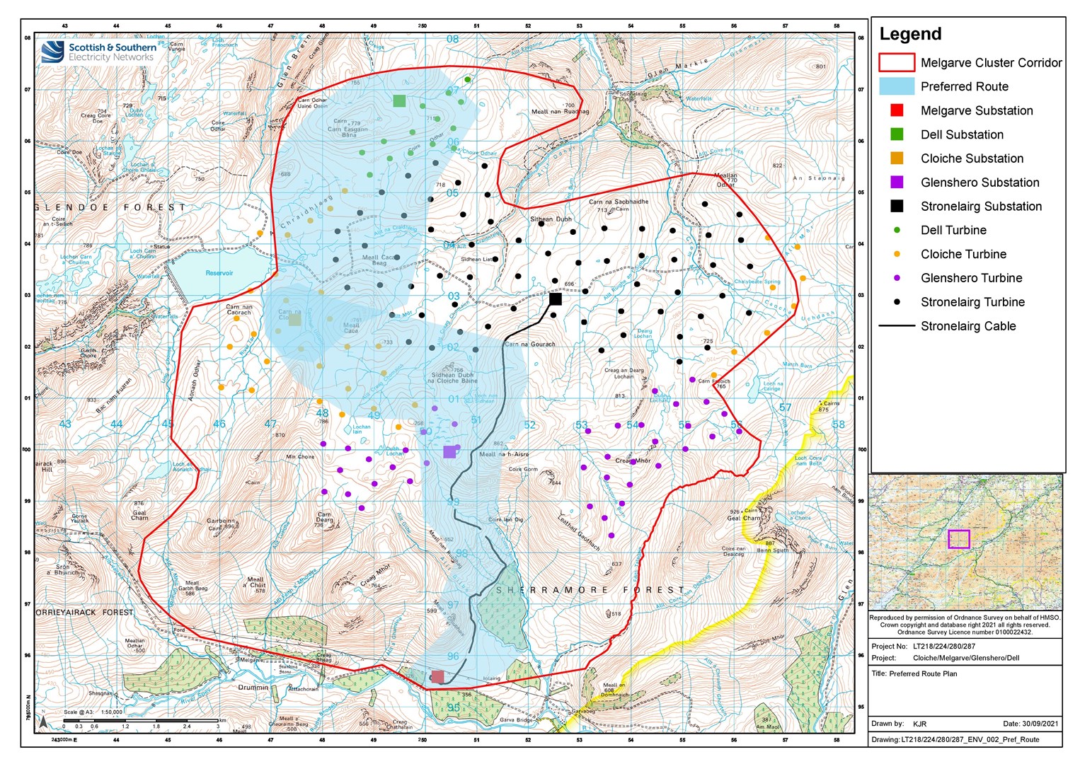 The blue zone shows the proposed route for the Melgarve connection from the proposed wind farms whilst the black dots represent individual turbines.