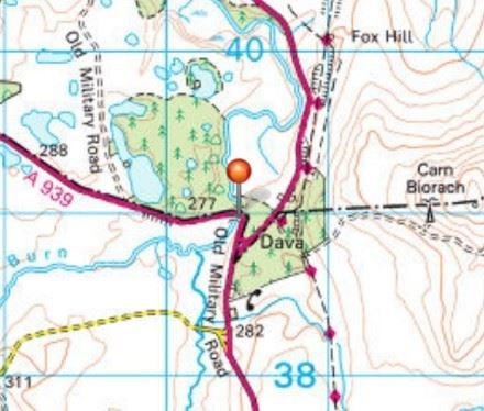 The red pin marks the site of the Bridge of Dava.