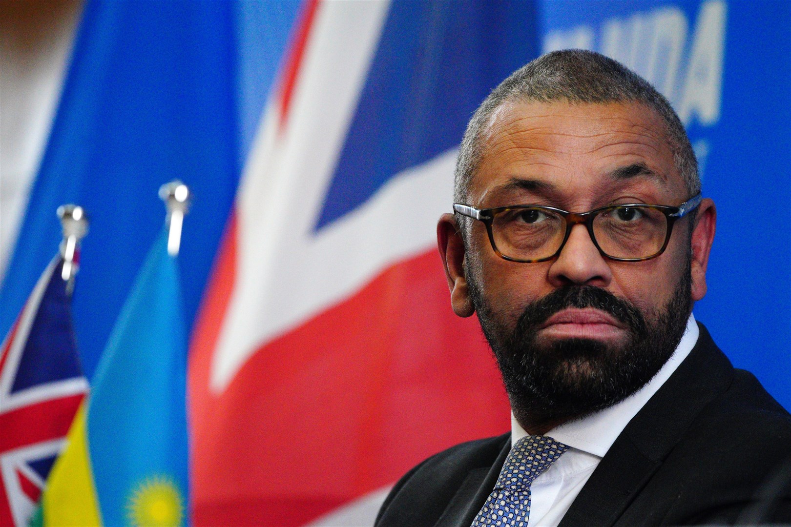 Home Secretary James Cleverly during a press conference with Rwandan Minister of Foreign Affairs Vincent Biruta on Tuesday (Ben Birchall/PA)