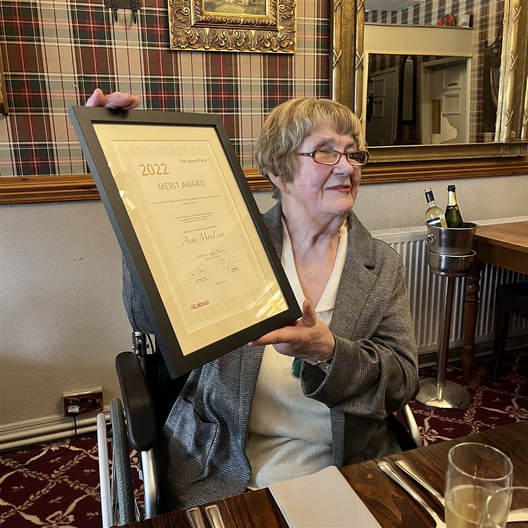 Anne MacLean shows off her merit award awarded to her by her beloved Labour Party.