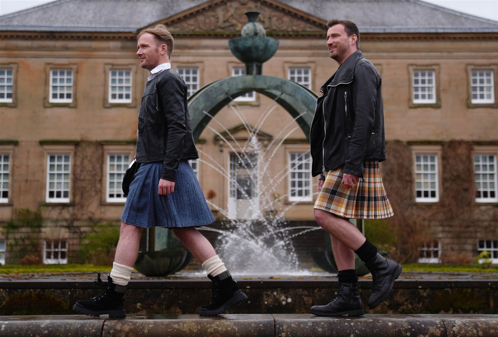 Graeme Bone, left,, and Jai McDowell at Dumfries House wearing kilts designed by Mr Bone (Andrew Milligan/PA)