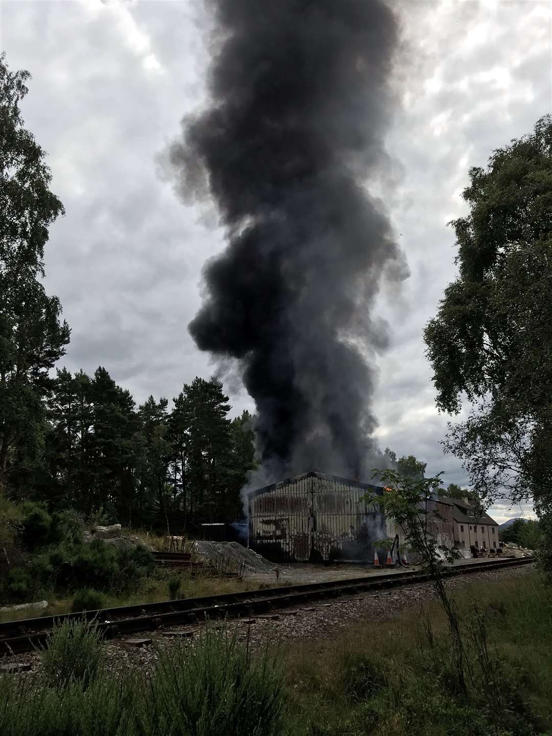 The railway workshed on fire near to Boat of Garten station (Photo: Duncan Stewart)