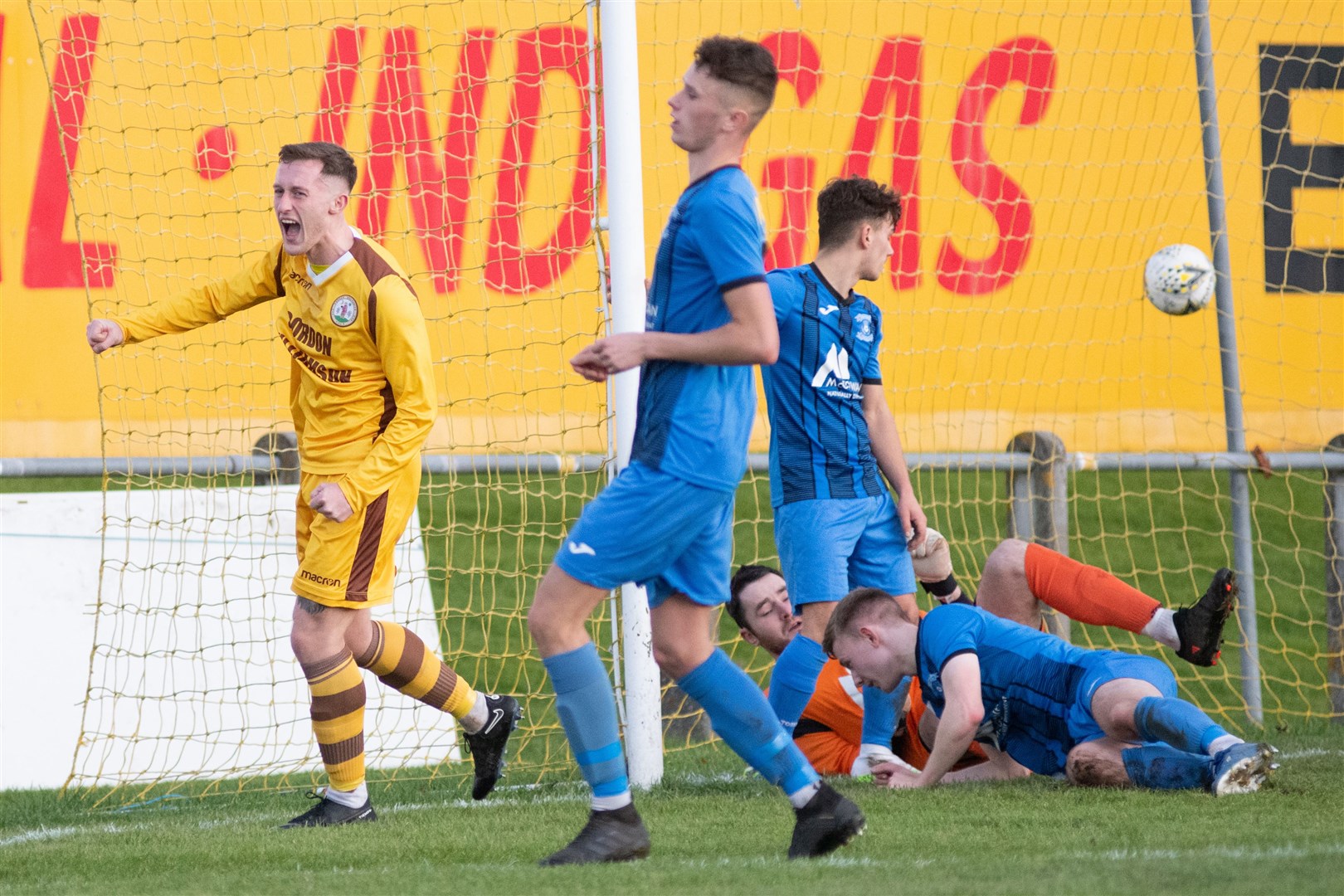 Forres Mechanics' Dale Wood wheels away to celebrate his first half goal against the Strathy Jags. ..Forres Mechanics FC (8) vs Strathspey Thistle FC (1) - Highland Football League 22/23 - Mosset Park, Forres 07/01/23...Picture: Daniel Forsyth..