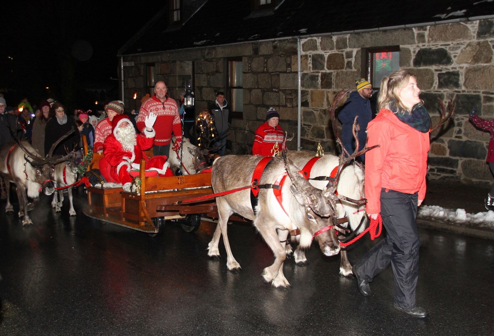 Santa's here: he made it in good time for the torchlight parade in Grantown and Frances Porter caught him going from the Triangle to the Square.