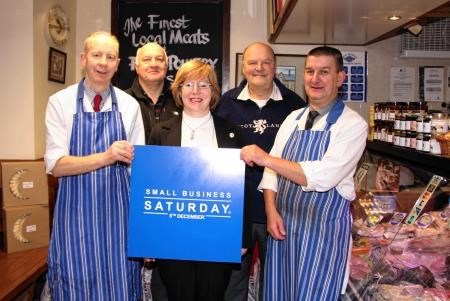 Councillors Bill Lobban and Dave Fallows with Amanda Frazer and Kingussie butchers George Gow (left) and Willie Conner (right)