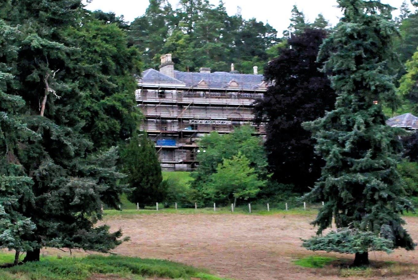 Balavil House with the scaffolding still cladding the entire building.