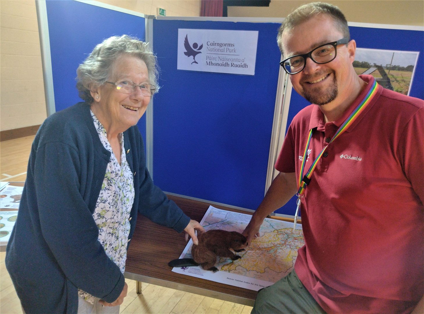 Putting beavers back on the map: visitor Fiona Galloway gets the information from Jonathan Willet, beaver project manager at the Kincraig blether which sparked off the latest round of consultations.