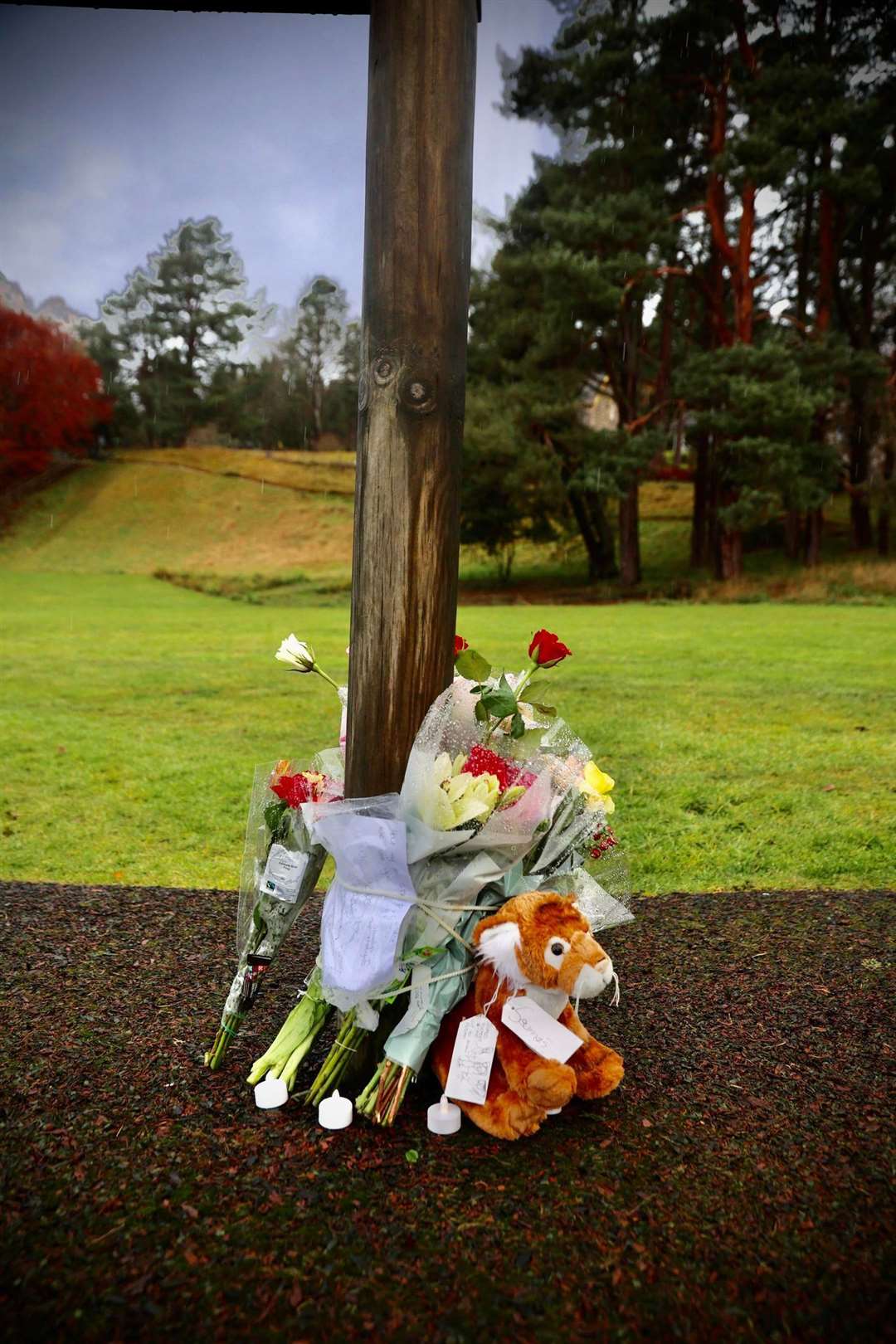 A floral tribute left at the Kingussie playpark