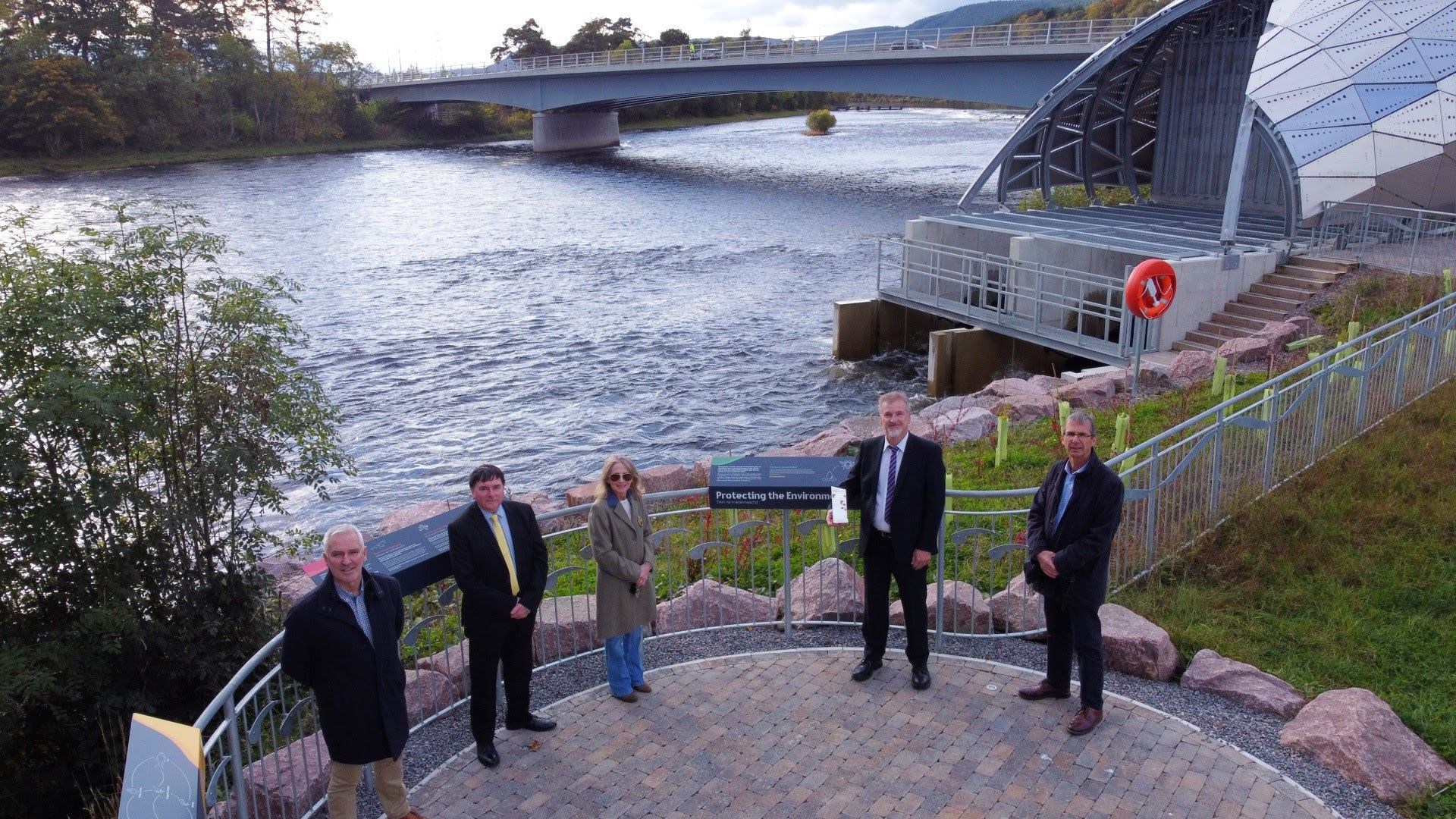 Chair of Highland Council's Climate Change Committee, Cllr Karl Rosie, Chair of Highland Council's Economy & Infrastructure Committee, Cllr Ken Gowans, Provost of Inverness, Cllr Glynis Sinclair, Hydro Ness Project Manager Allan Henderson and Les Hutt of Leslie Hutt Architects.