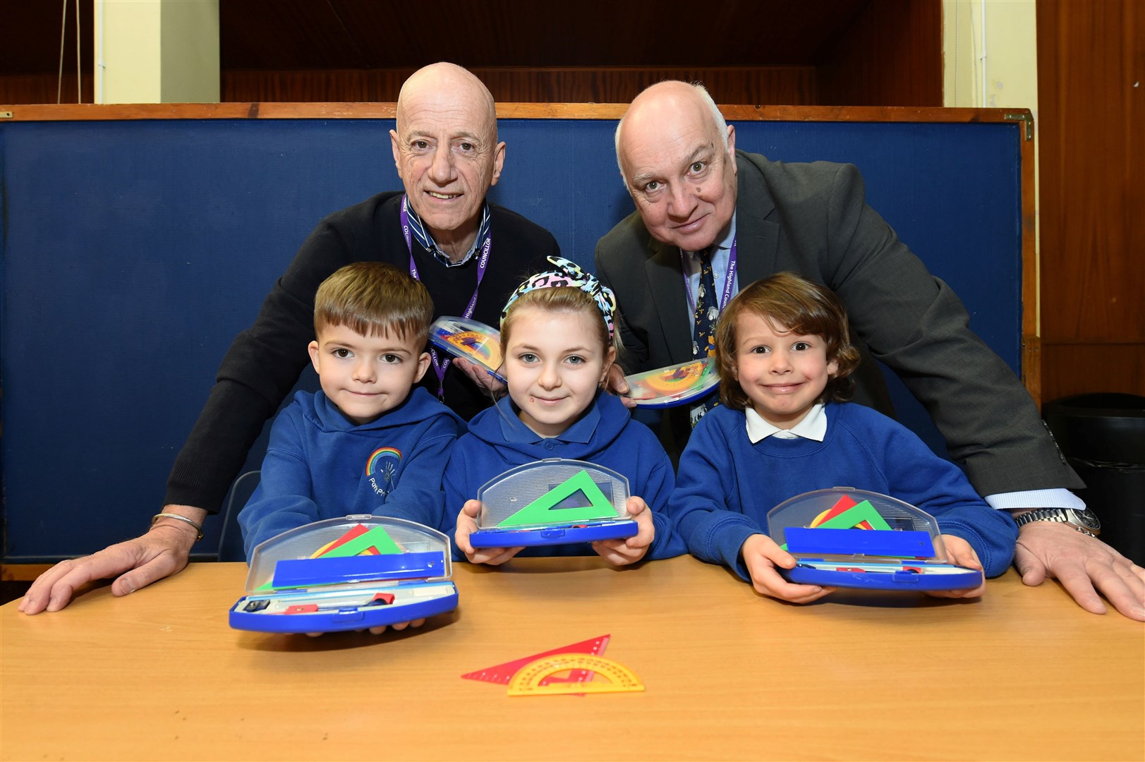 Park Primary pupils receive some maths sets from local councillors...Councillors John finlaysonand Bill Lobban and with Max Campbell, Oliwia Maczynska and Archie Noble from Park Primary...Picture: Callum Mackay..