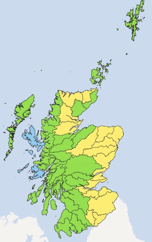 Those catchments now at alert status are coloured yellow, with those in green at 'early warning' level. Only those coloured blue are currently experiencing normal water levels.