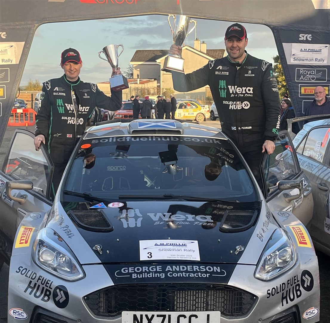 Hannah McKillop and Garry Pearson celebrate winning the Snowman Rally in 2024. Picture: Will Clark