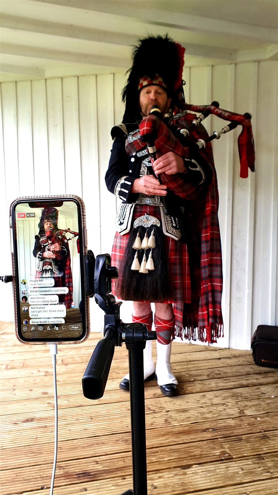 Spud the Piper will be performing from his garden this Friday evening and every week during the lockdown.