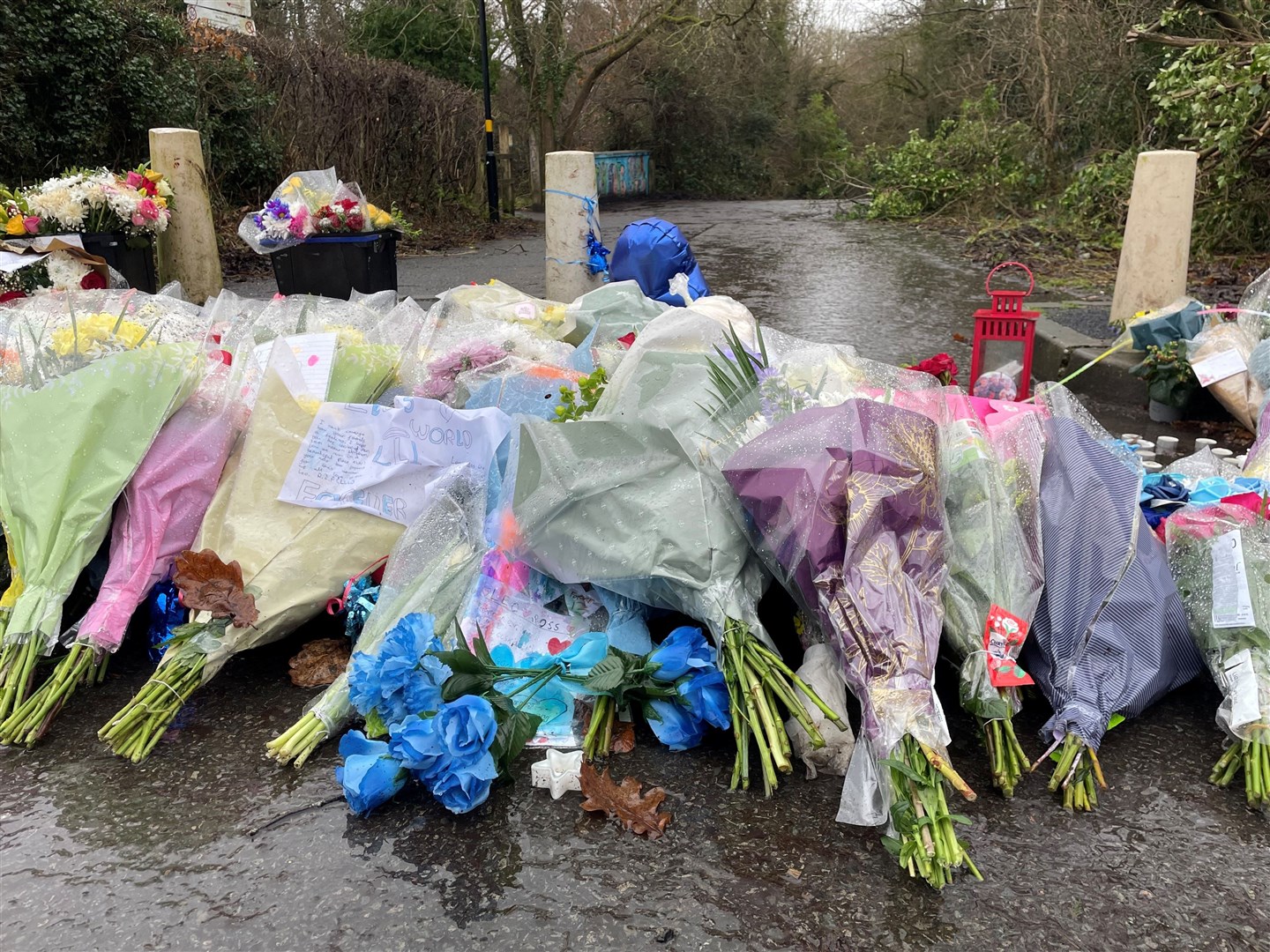 Flowers left near the scene of Leo Ross’s death in Scribers Lane in the Hall Green area of Birmingham in January (Matthew Cooper/PA)
