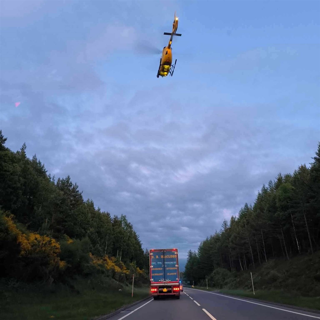 An air ambulance on the way to the scene of a recent accident on the A9 in the strath.
