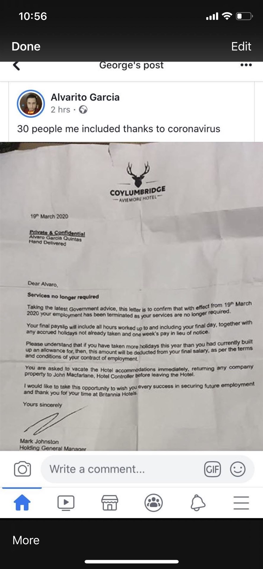The posted redundancy letter which was issued by Britannia Hotels and created a huge national backlash.