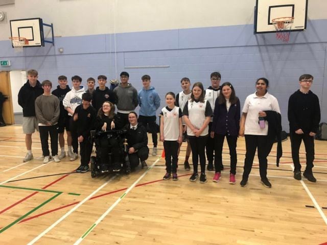 Boccia competitors at the Highland Regional qualifiers at Milburn Academy with Young Leaders who helped run the event. Picture: Grantown Grammar School