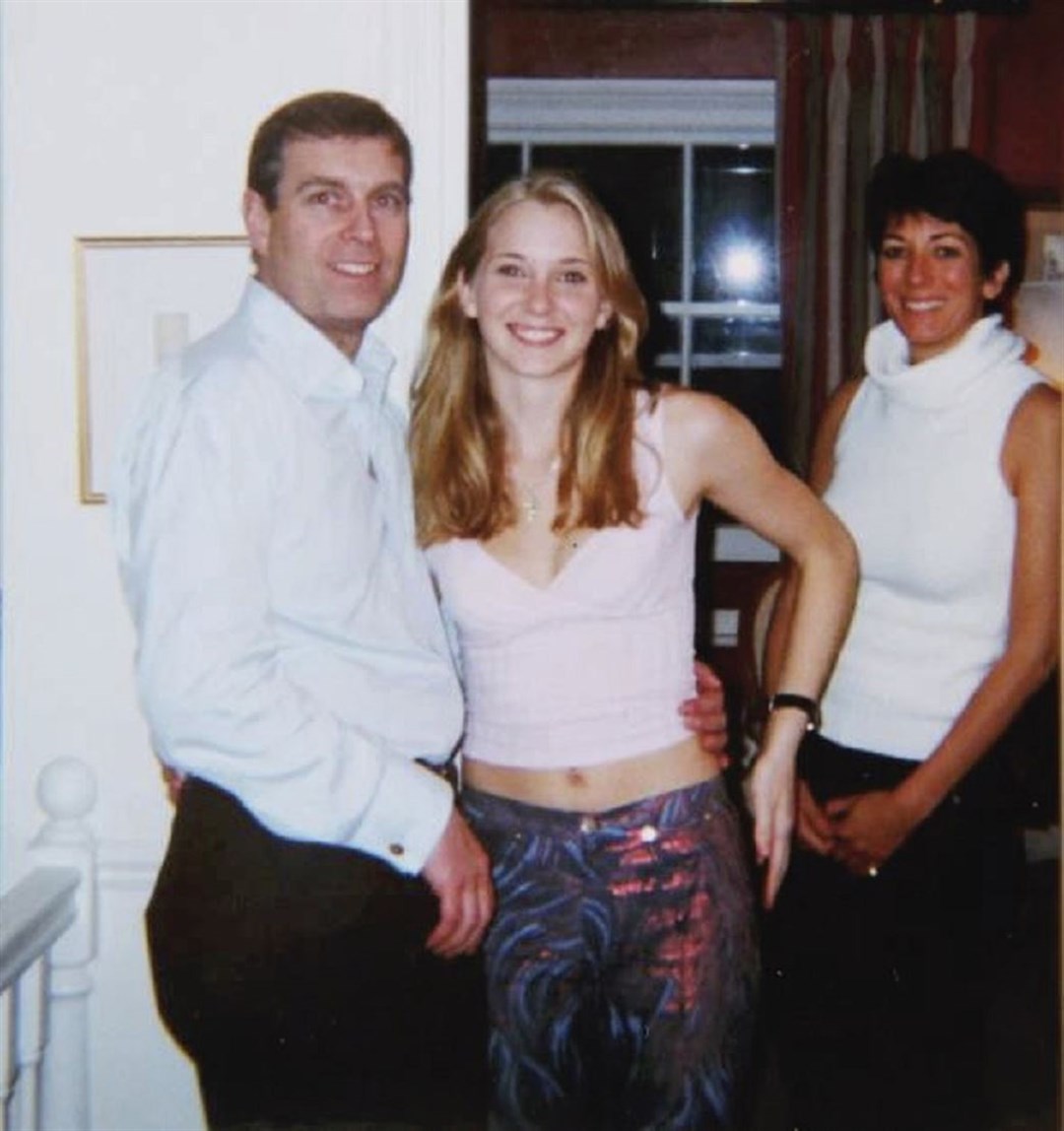 Andrew with Virginia Giuffre and Ghislaine Maxwell in the background (US Department of Justice/AP)