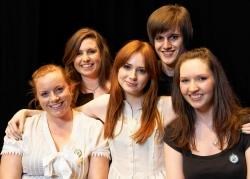 From left with Doctor Who star Karen Gillan (centre) are LAMDA medal winners Kirsten Wallace (Gold), Megan Fraser (Bronze), Olly Warner (Bronze} and Shirley Watt (Silver)