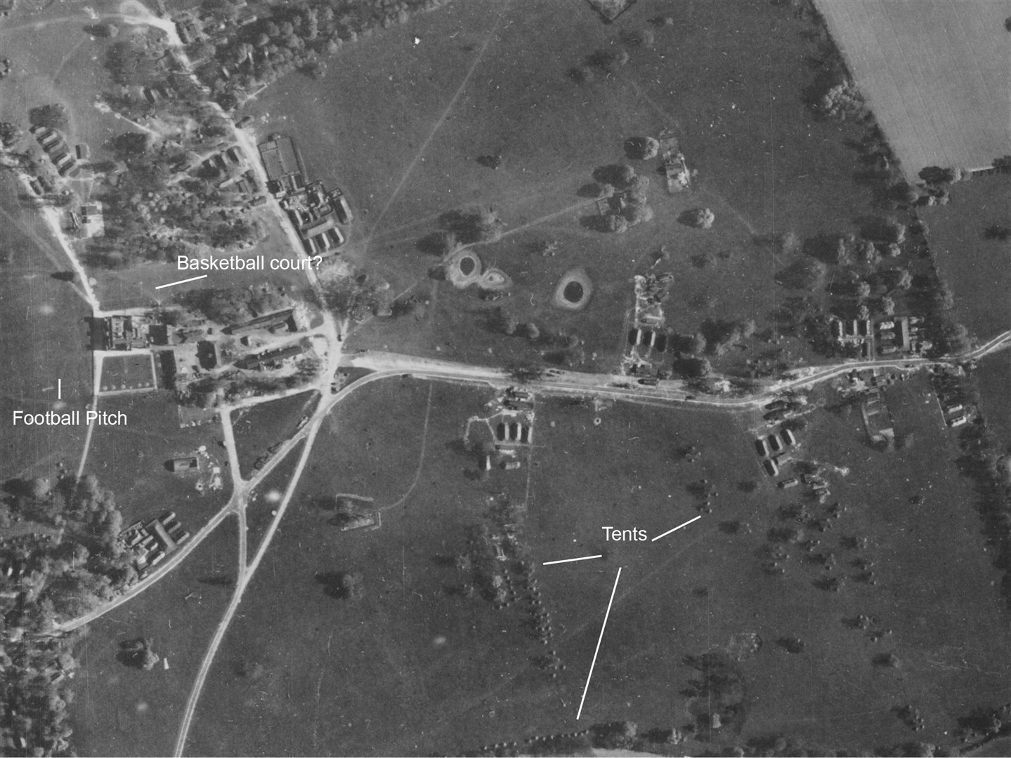 An RAF aerial photograph taken in April 1944 shows the Second World War military camp at Belhus Park in Thurrock, Essex (Historic England Archive/ PA)
