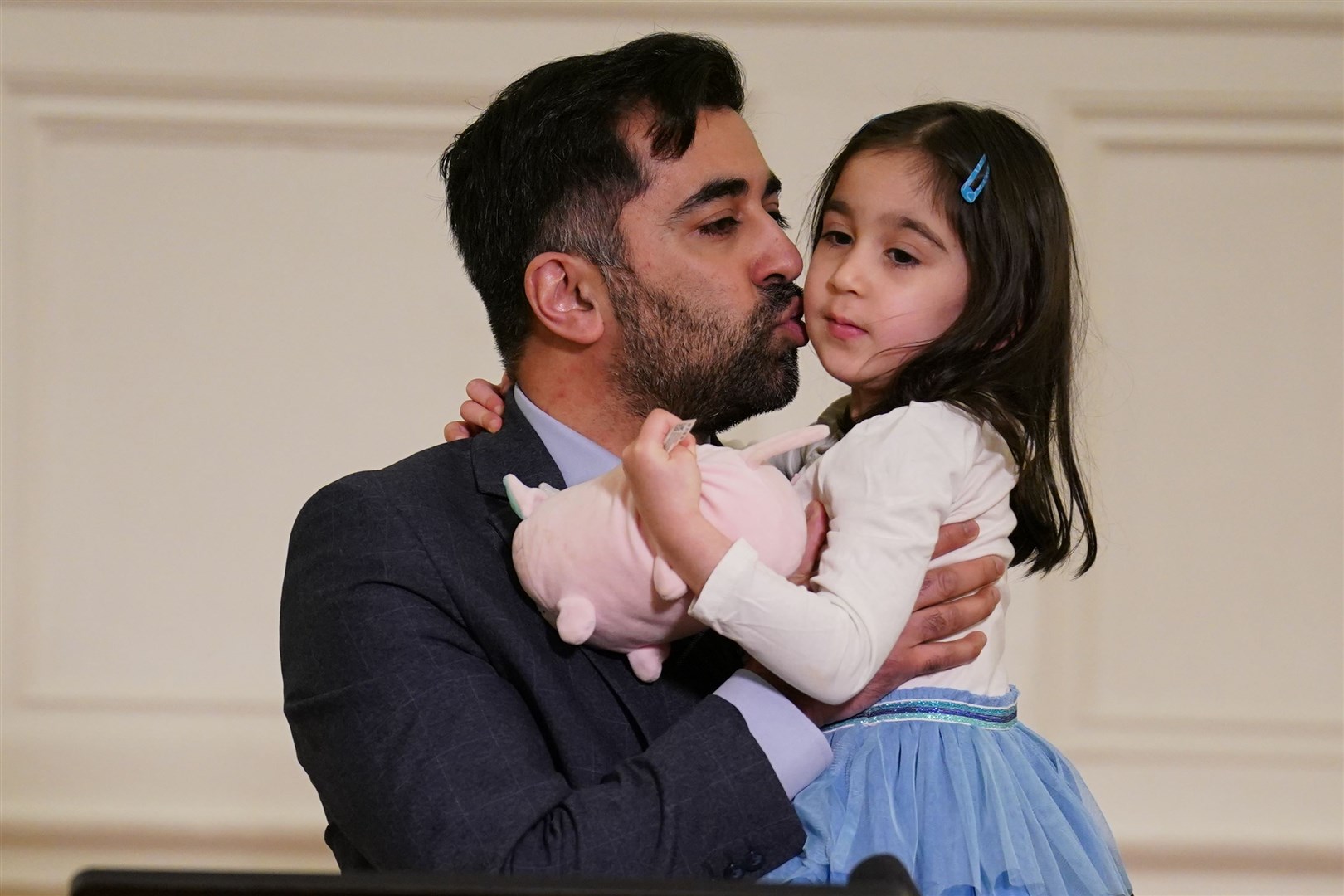 Mr Yousaf was joined by his three-year-old daughter Amal when he officially launched his campaign for the SNP leadership (Andrew Milligan/PA)