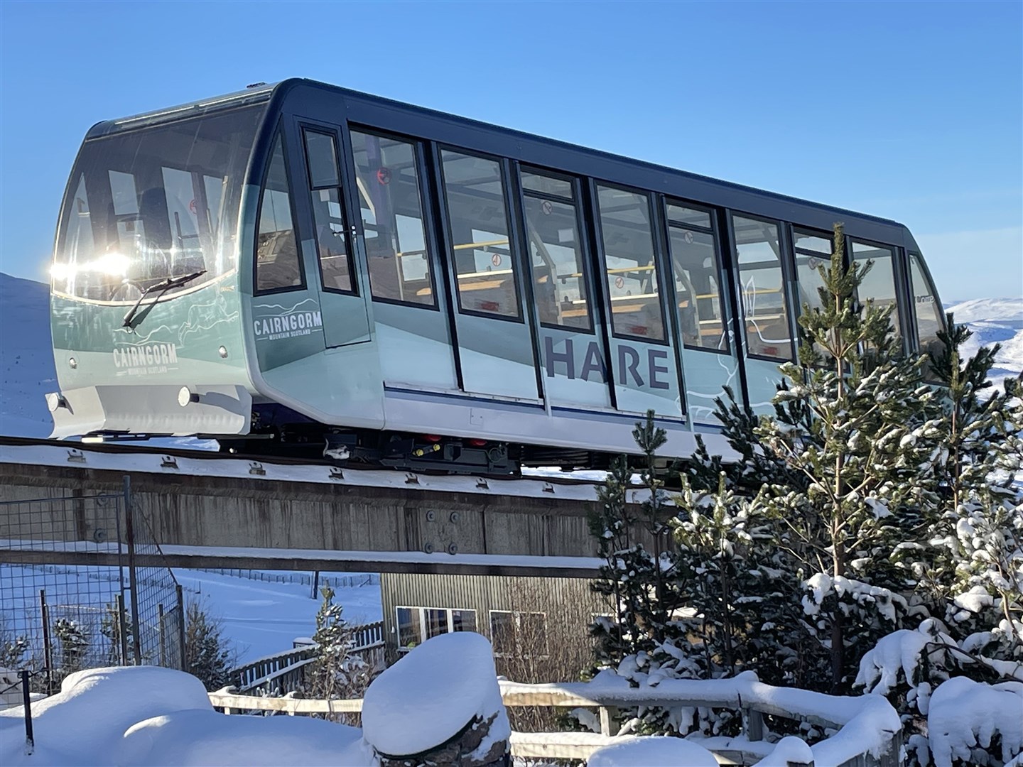 The Cairngorm funicular parked near the Base Station whilst undergoing trial runs at the start of the year.