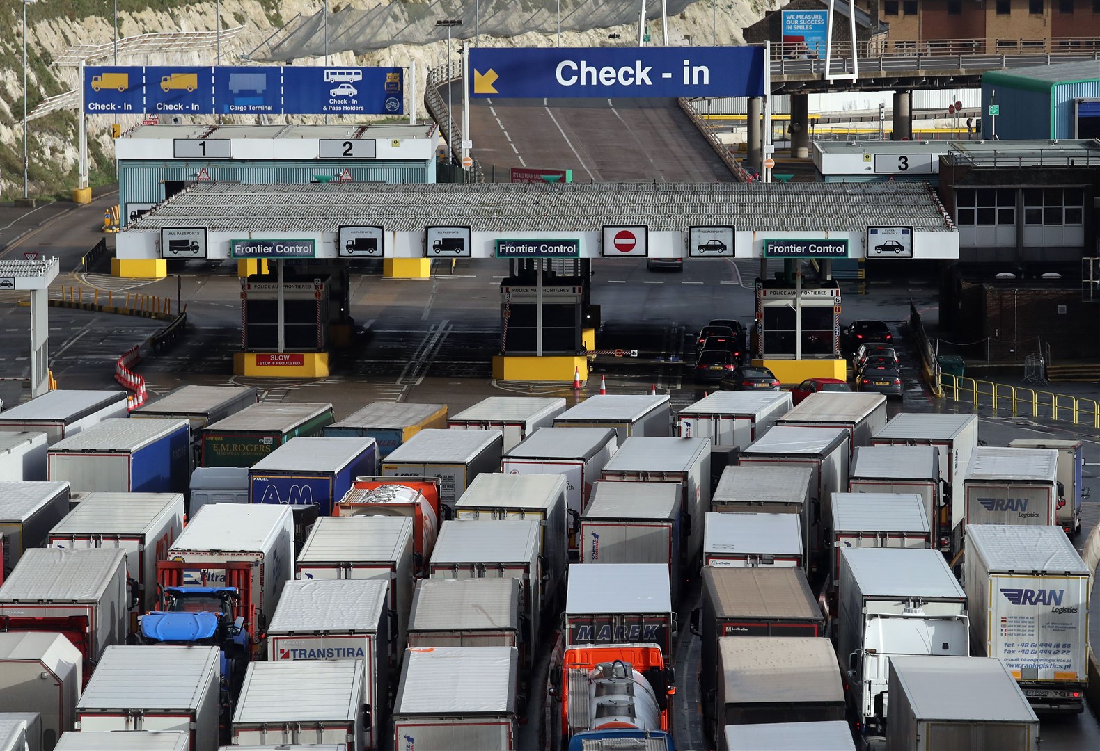 Lorries queue to enter the port of Dover in Kent (Gareth Fuller/PA)